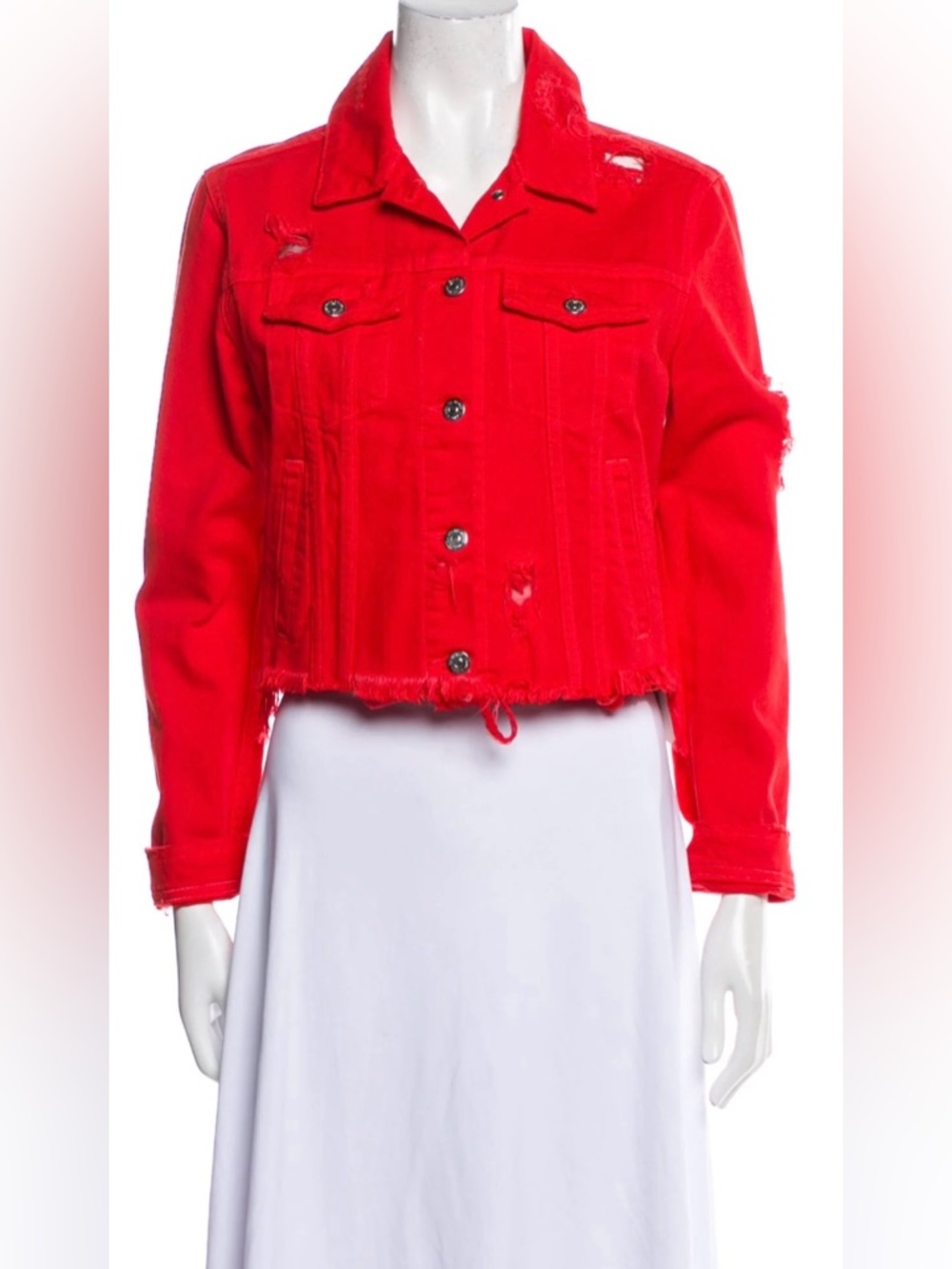 Veronica Beard XS Distressed Neon Red Cropped Denim Jacket Frayed Hem Trucker